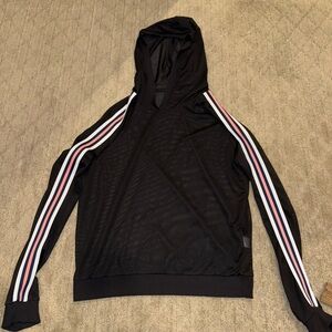Fashion Nova Black Mesh Hoodie with Striped Sleeves